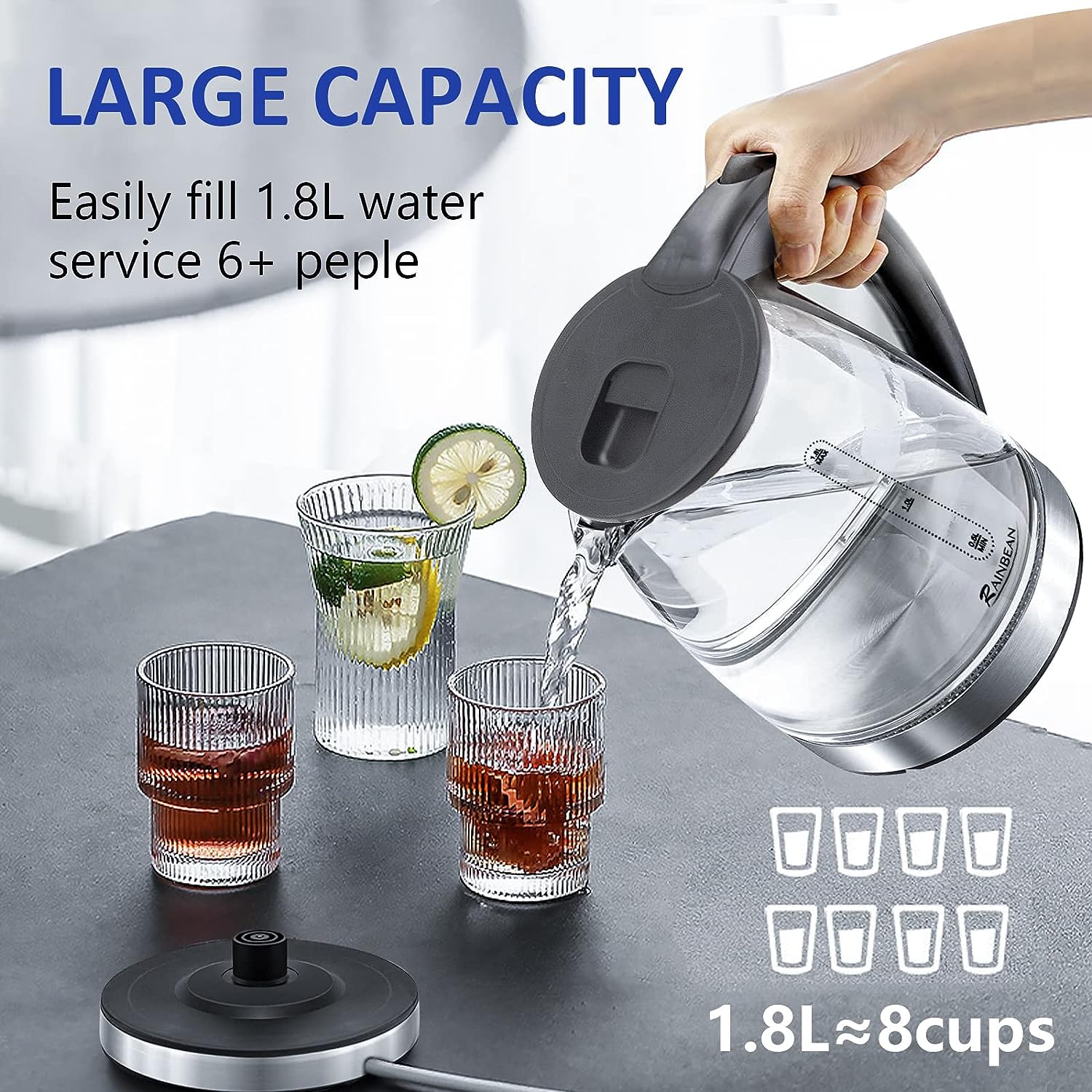 Modern Black Glass Hot Water Boiler with Wide Opening